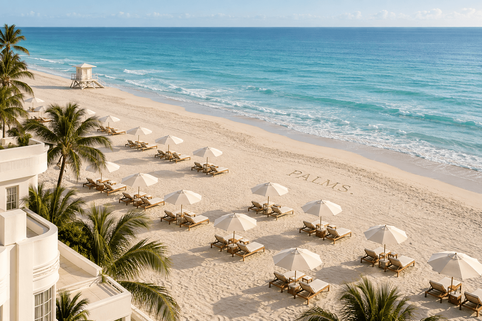 La plage de Miami vue depuis un hôtel, parasols crème, transats en bois, océan turquoise et PALMS. tracé dans le sable