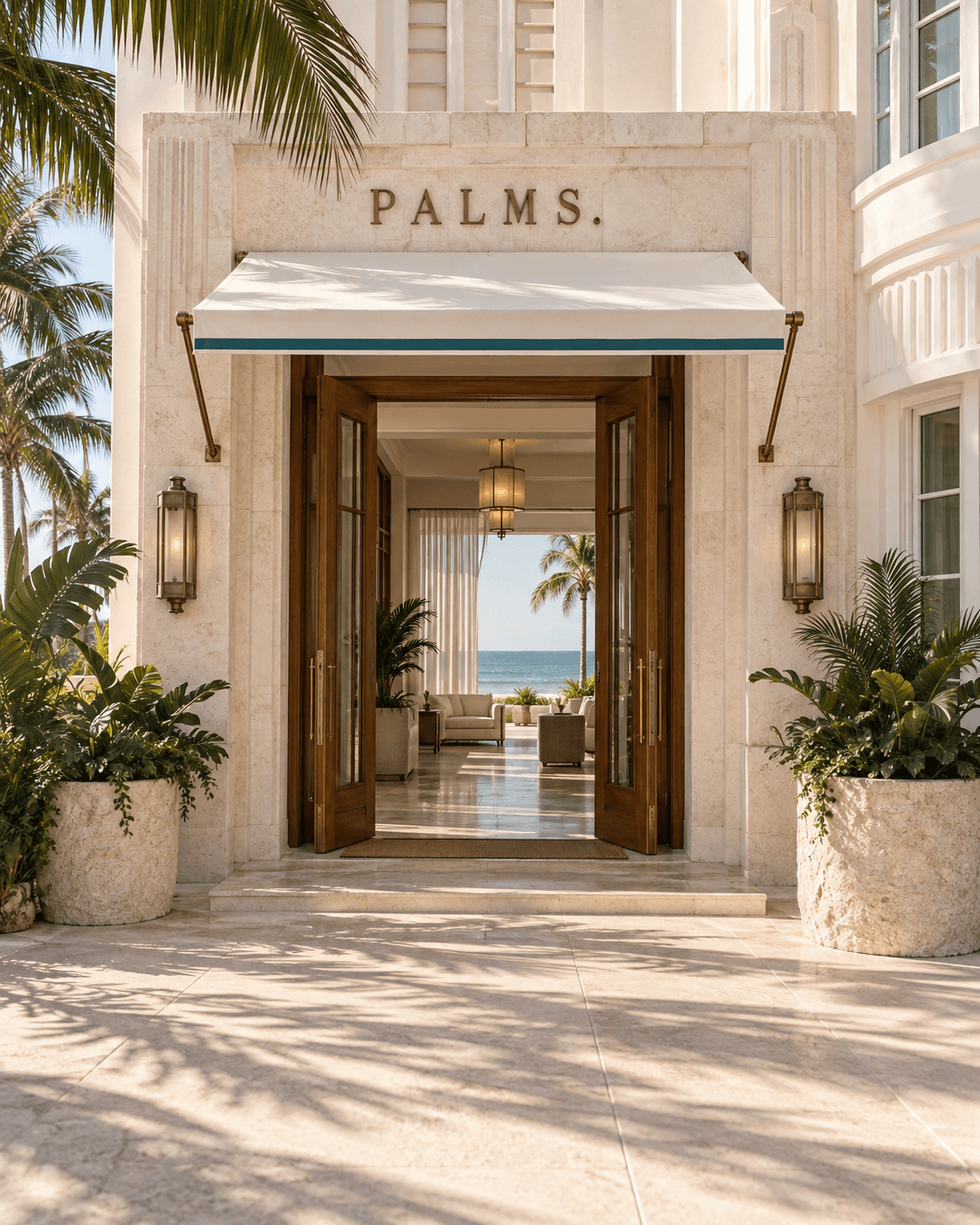 Entrée d'un hôtel Art déco à Miami, signature PALMS. en laiton dans la pierre claire, palmiers et vue sur l'océan