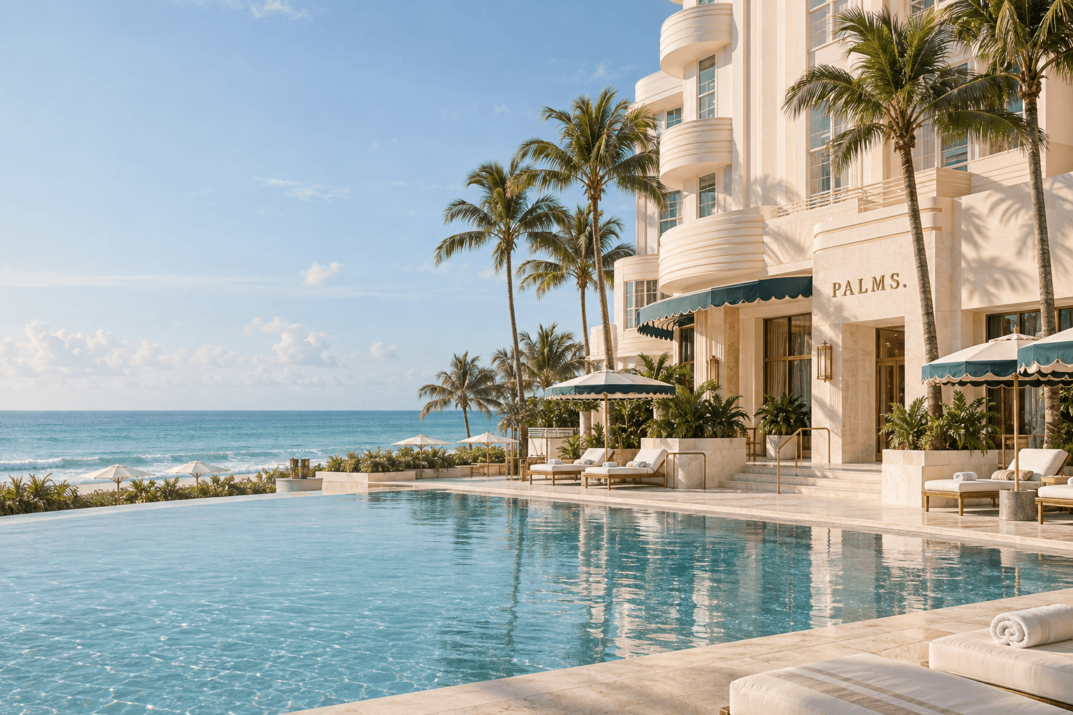 Hôtel Art déco en bord de plage à Miami, enseigne PALMS. en laiton, piscine et océan sous la lumière du matin