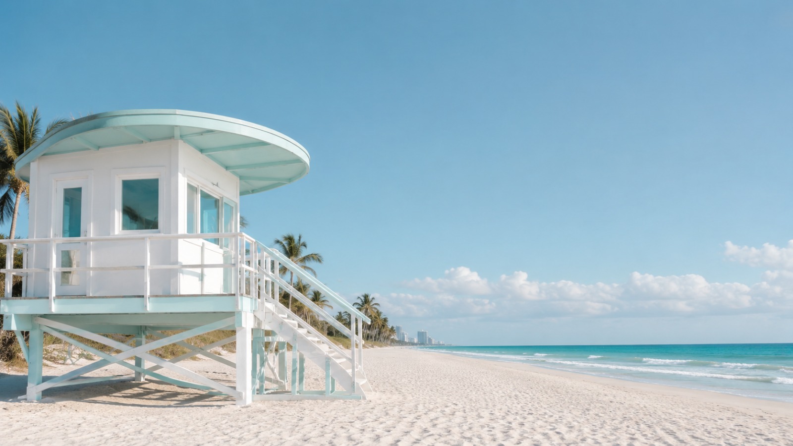 Poste de secours blanc sur la plage de Miami face à l'océan